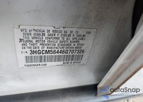 2006 Honda Accord 2.4 Lx from USA, damaged, VIN 3HGCM56446G707326